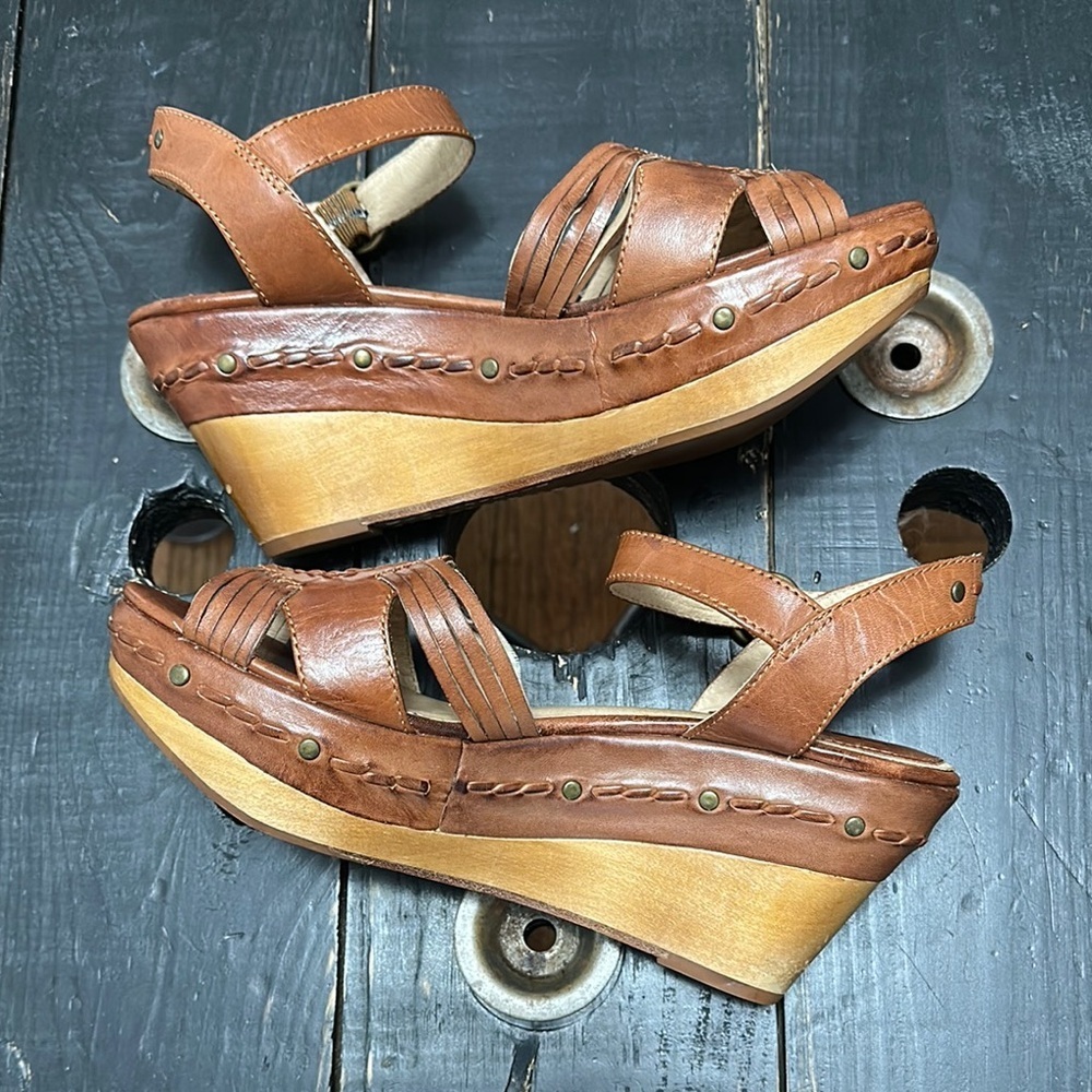 FRYE Carlie Huarache Ankle Brown Leather Wedge Sandals - Picture 7 of 14